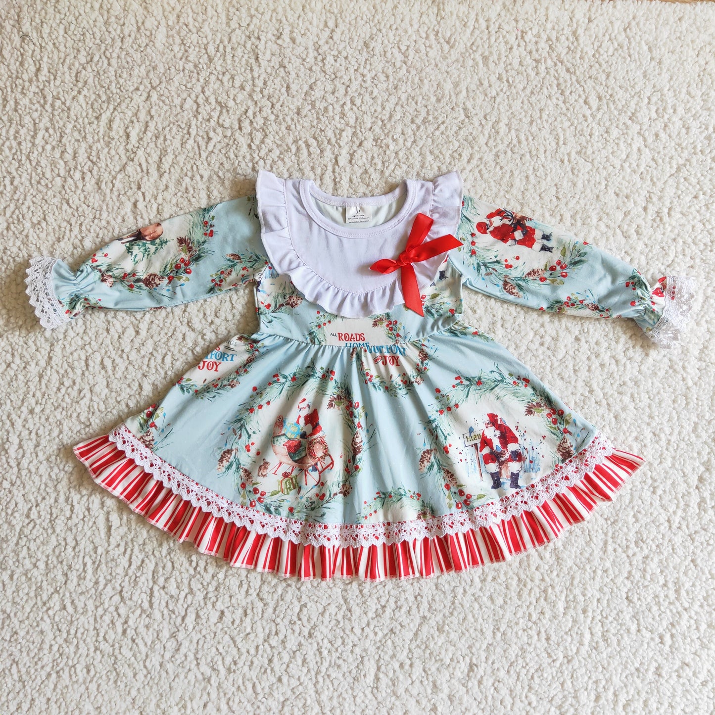 GLD0098 Santa Holly Print Girls Christmas Knee Length Ruffles Dress