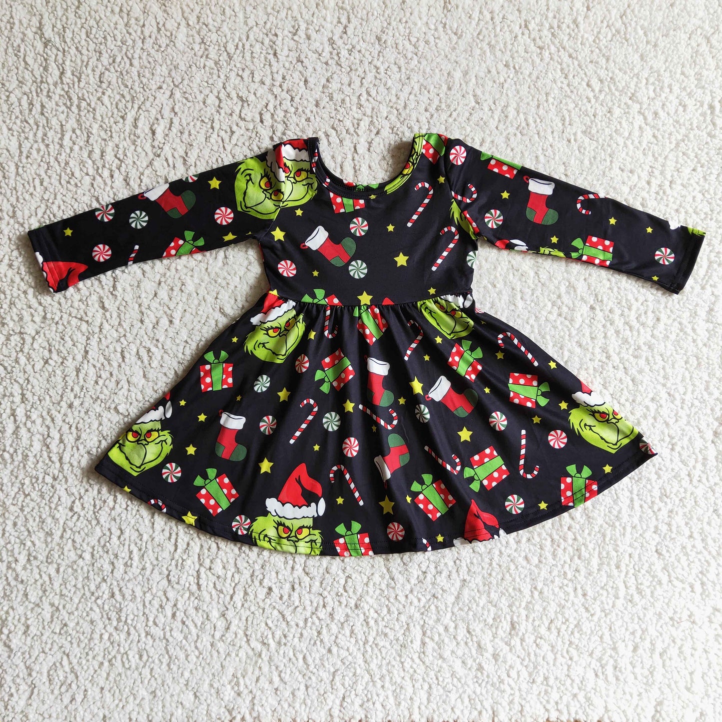 GLD0101 Green Frog Candy Stars Print Girls Christmas Knee Length Dress