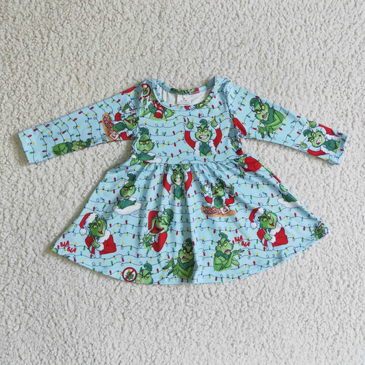 GLD0103 Green Frog Blue Print Girls Christmas Knee Length Dress