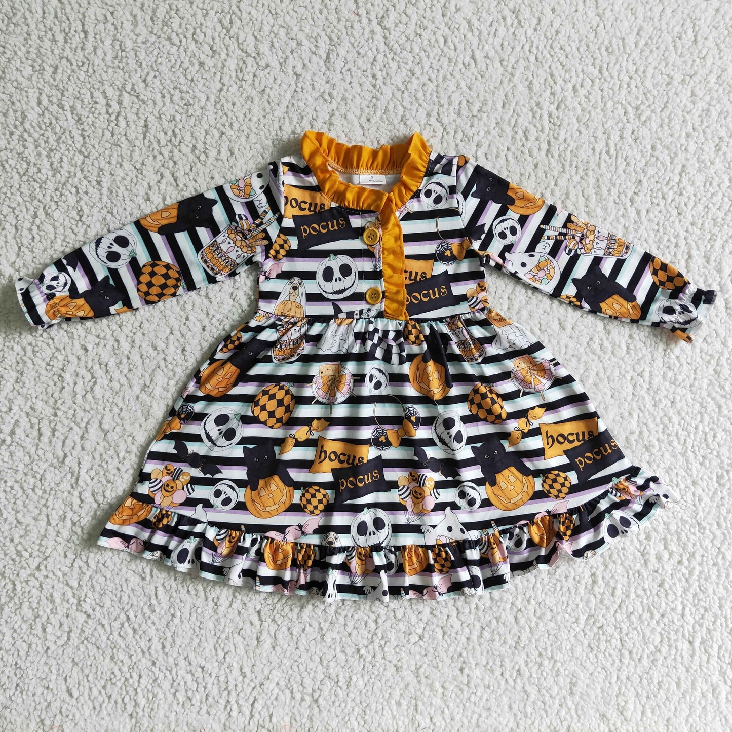 GLD0104 Nightmar* Pumpkin Stripes Print Girls Halloween Knee Length Pajamas Dress