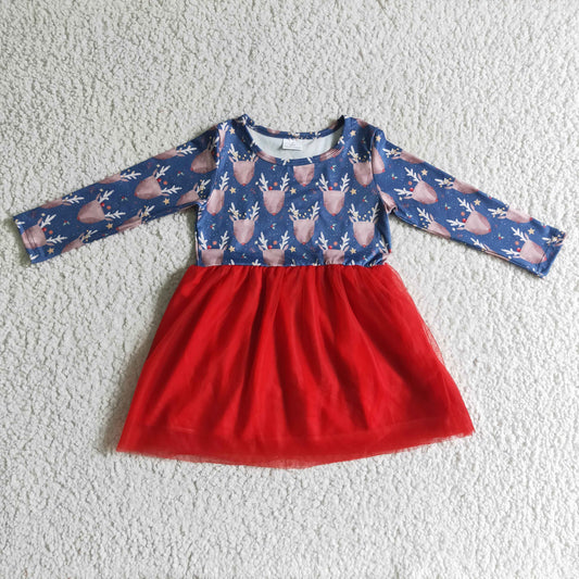 GLD0106 Deer Print Girls Christmas Knee Length Red Tulle Dress