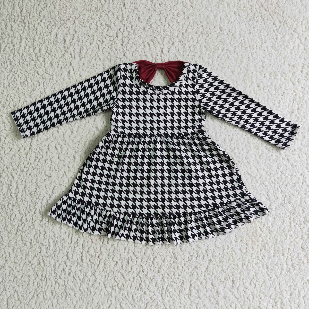 GLD0109 Black Checkered Print Girls Long Sleeve Knee Length Dress