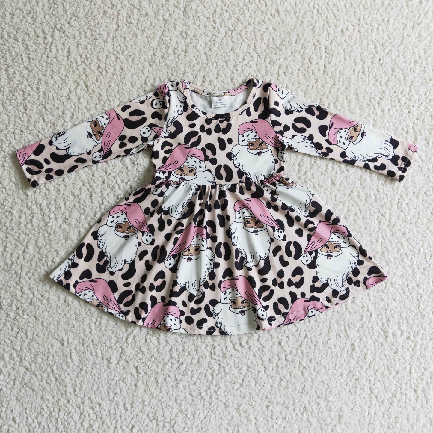 GLD0112 Santa Leopard Print Girls Christmas Knee Length Dress