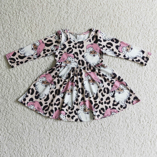 GLD0112 Santa Leopard Print Girls Christmas Knee Length Dress