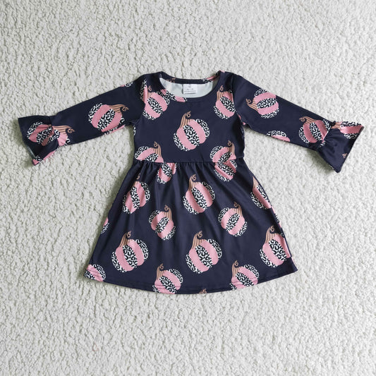 GLD0113 Leopard Pink Pumpkin Black Print Girls Fall Dress