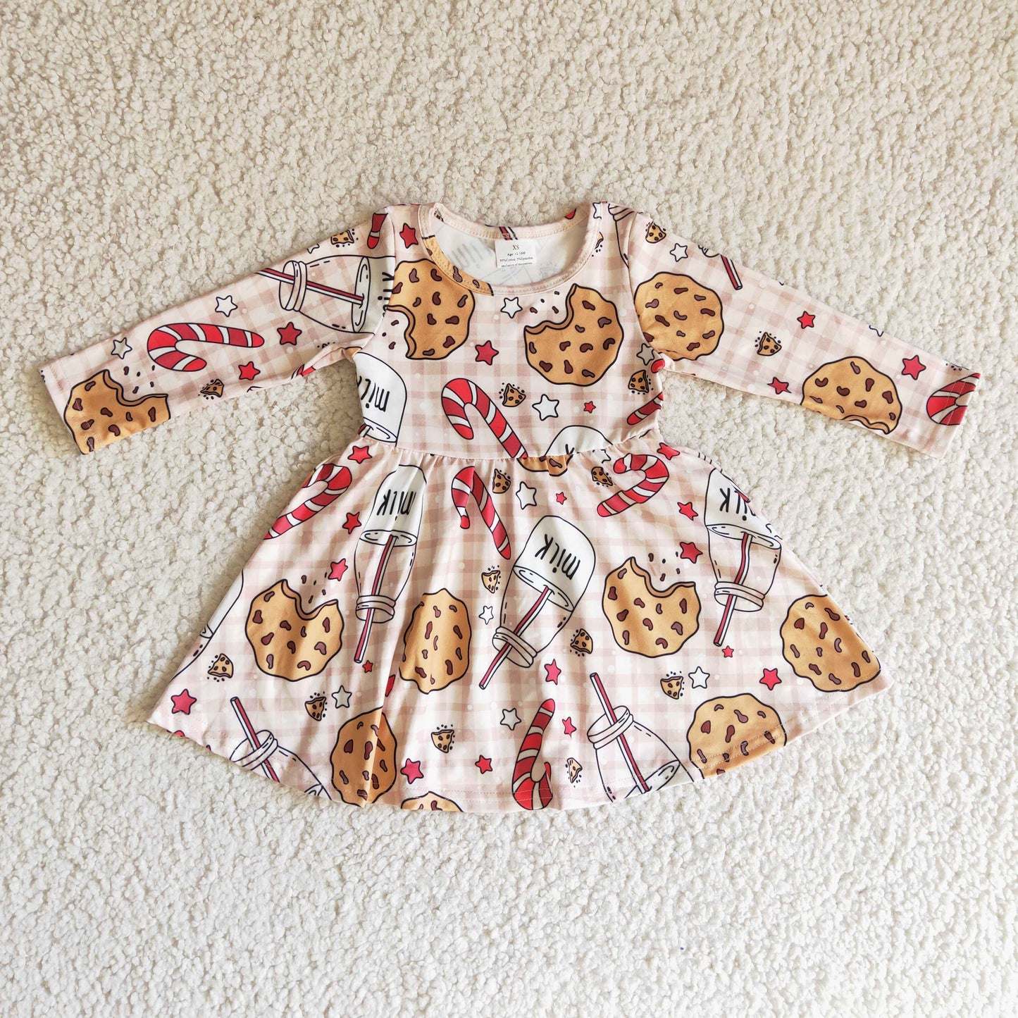 GLD0114 Cookies Milk Candy Cane Checkered Print Girls Christmas Knee Length Dress