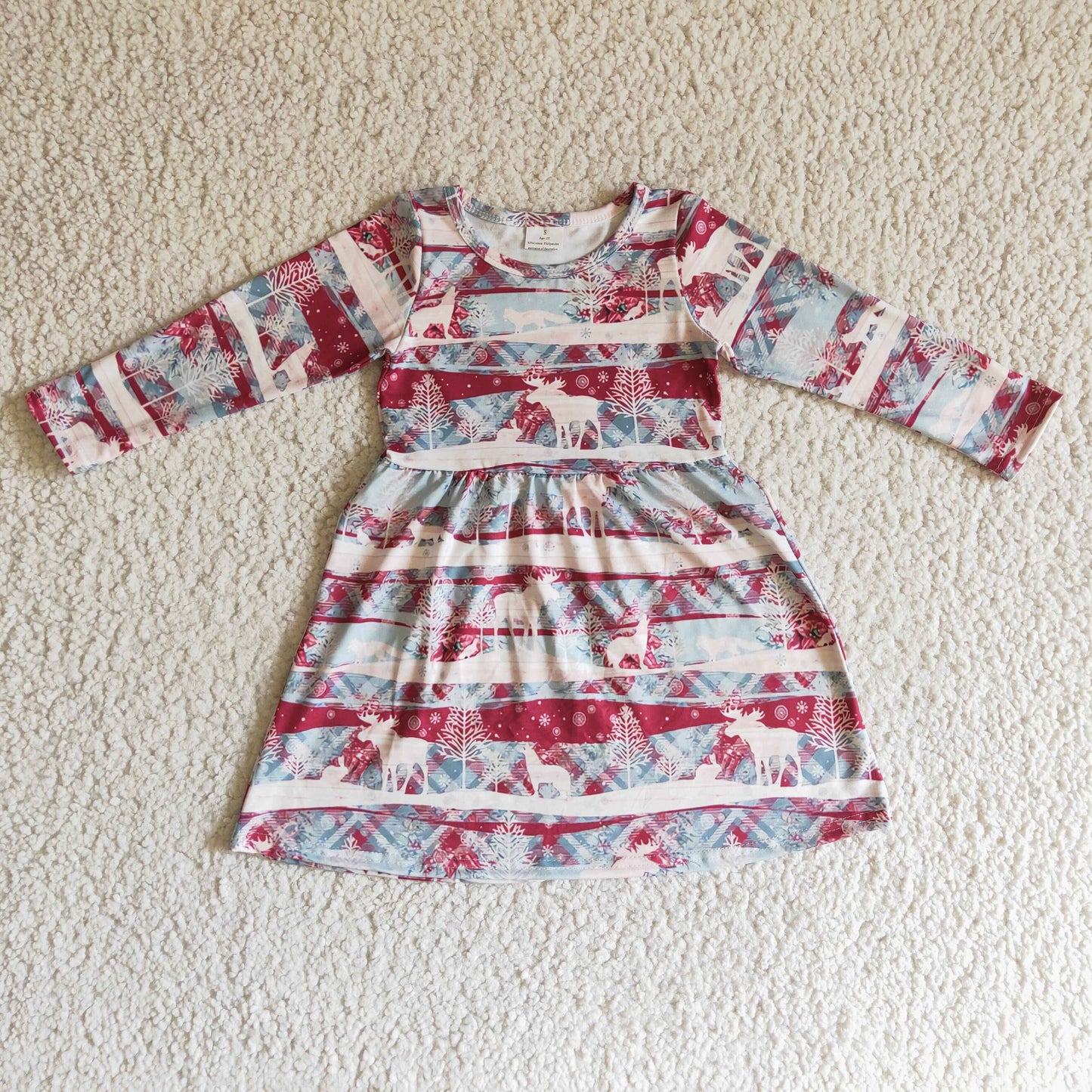 GLD0116 Moose Print Girls Christmas Knee Length Dress