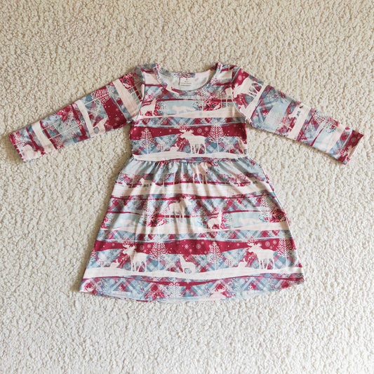 GLD0116 Moose Print Girls Christmas Knee Length Dress