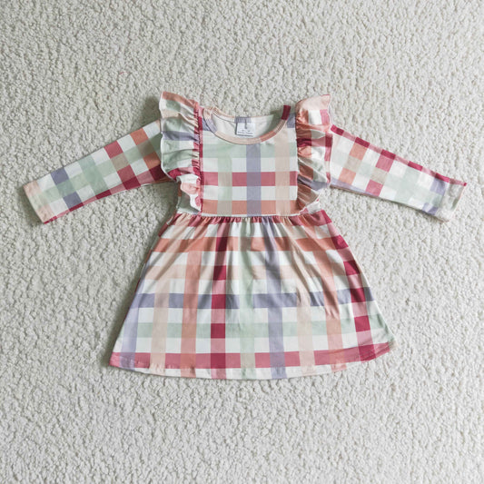 GLD0117 Checkered Print Girls Long Sleeve Knee Length Dress