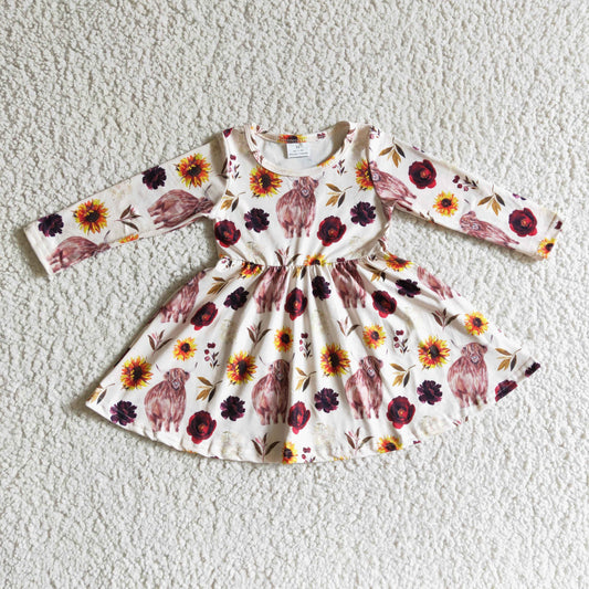 GLD0118 Highland Cow Flowers Print Girls Long Sleeve Knee Length Dress