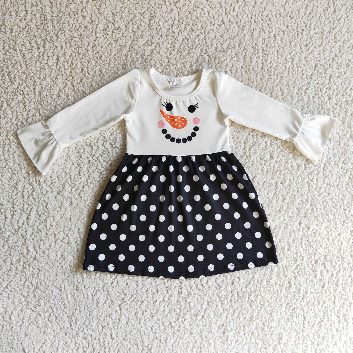 GLD0119 Snowman Dots Print Girls Christmas Knee Length Dress