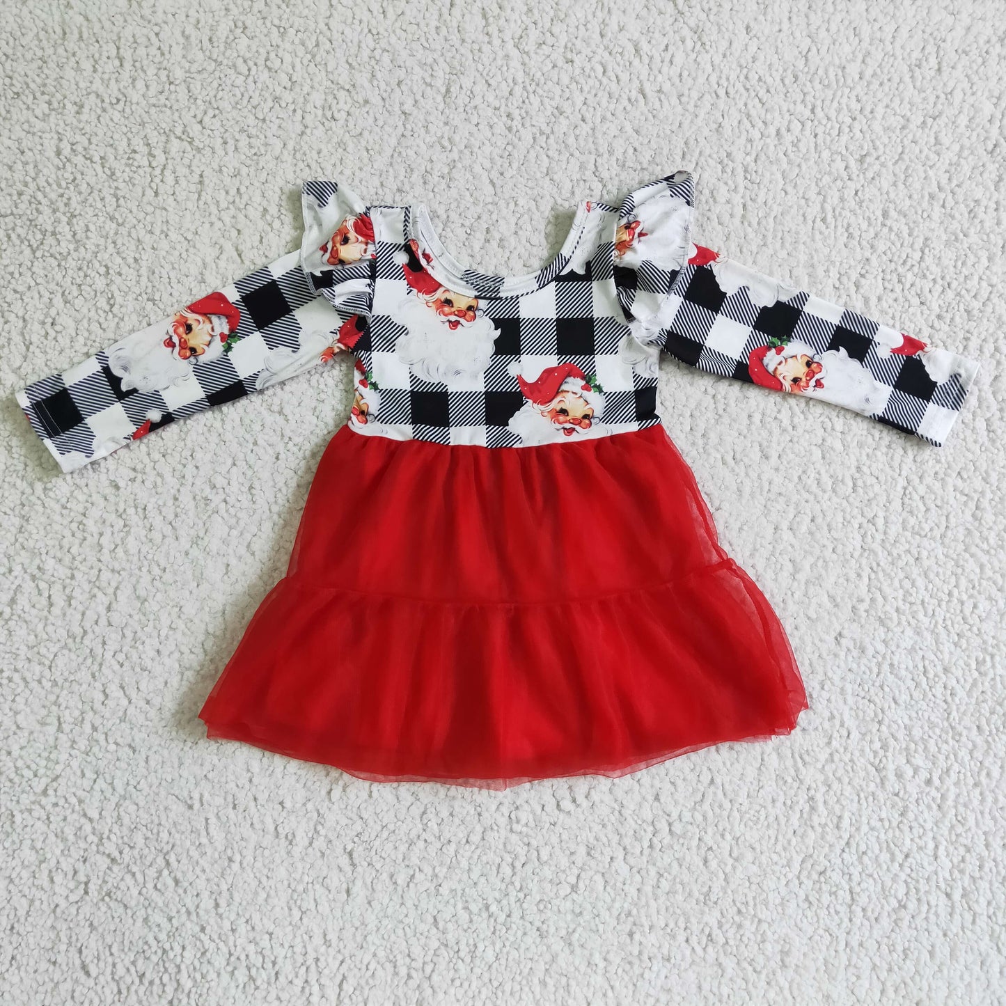 GLD0121 Santa Checkered Print Girls Christmas Knee Length Tulle Dress