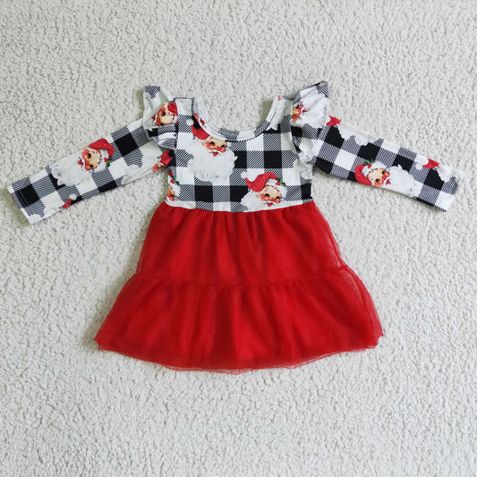 GLD0121 Santa Checkered Print Girls Christmas Knee Length Tulle Dress