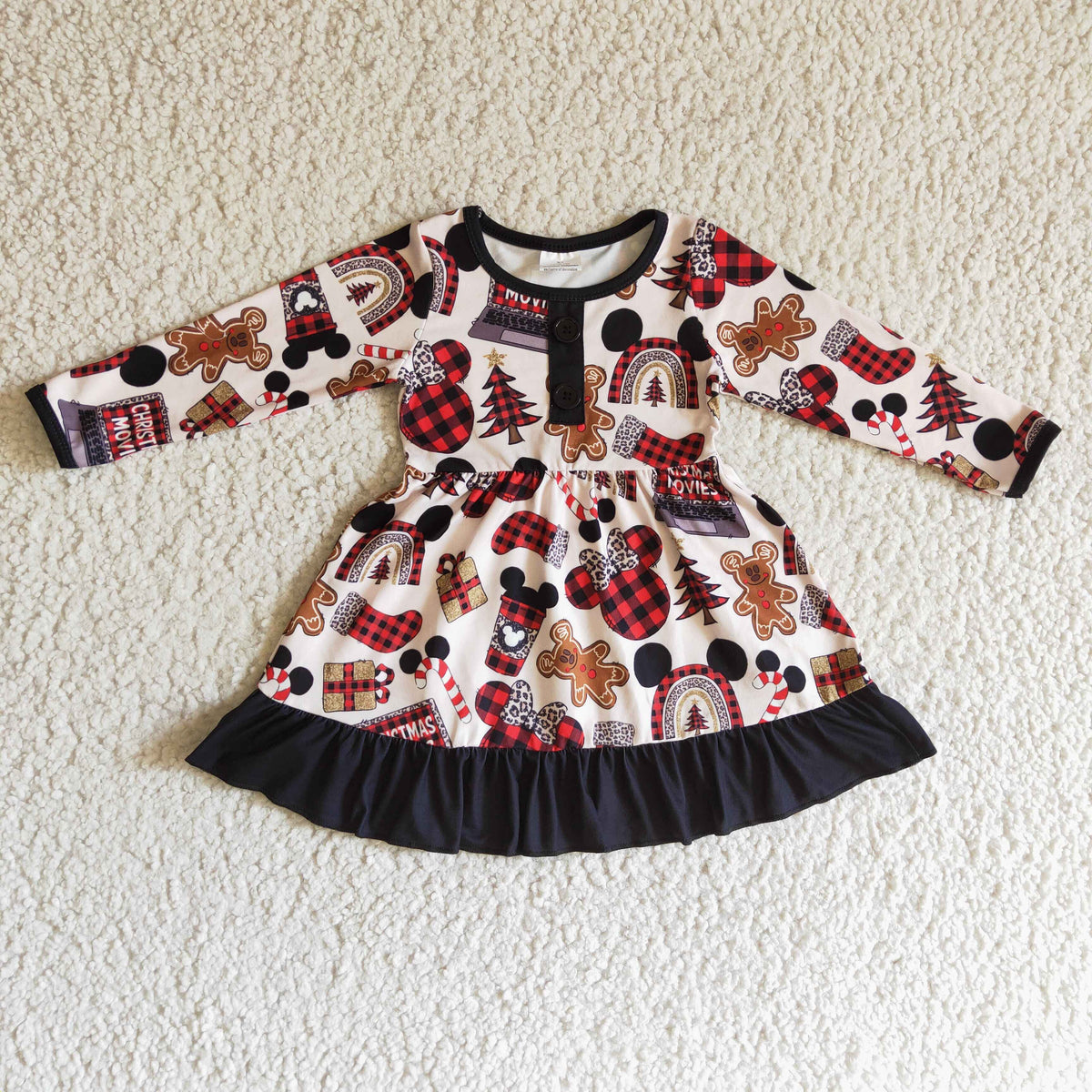 GLD0124 Cartoon Mouse Gingerbread Candy Print Girls Christmas Knee Length Dress