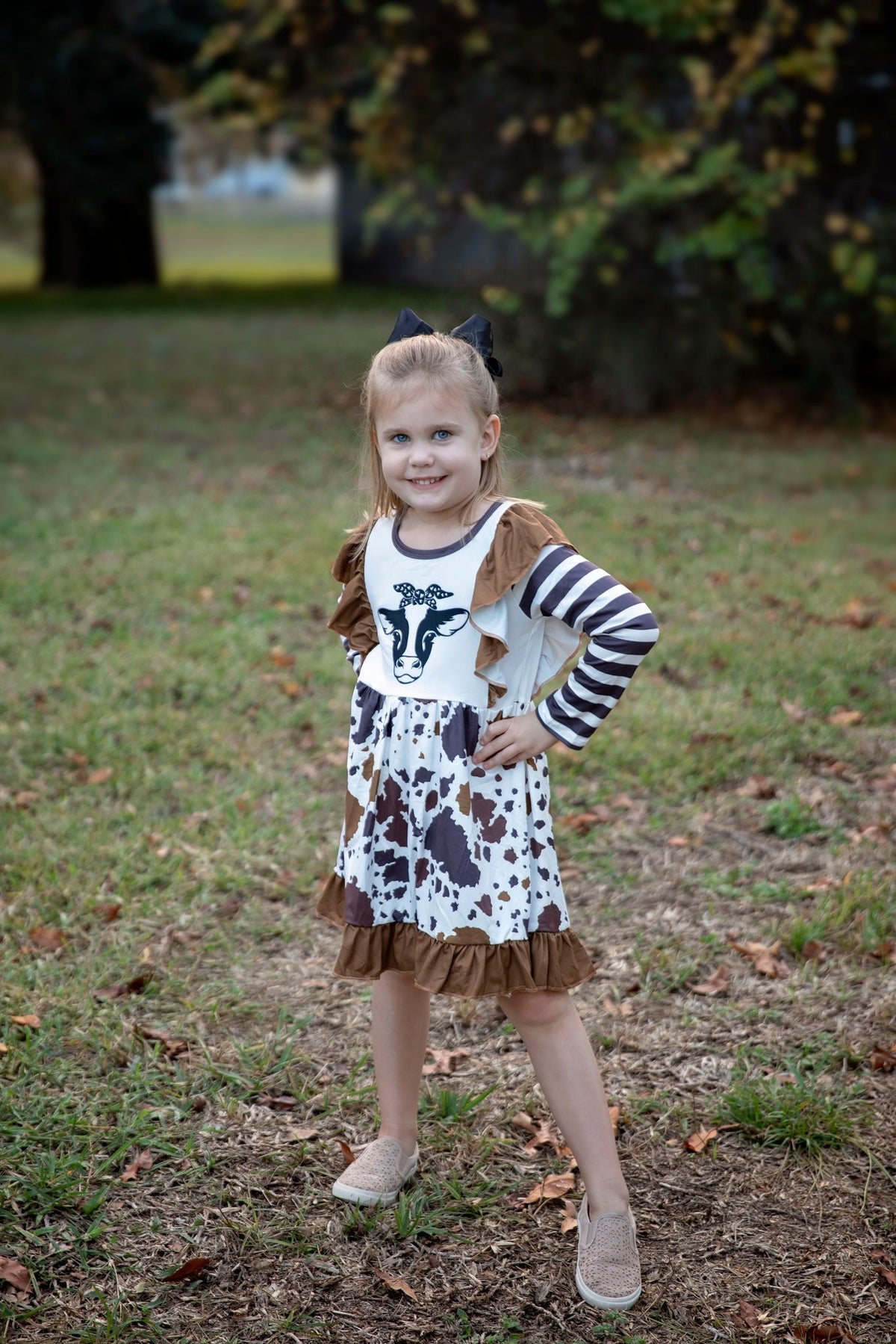 GLD0126 Heifer Cowhide Print Girls Long Sleeve Knee Length Dress