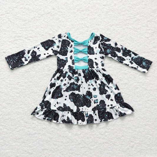 GLD0128 Cowhide Black Print Girls Backless Bows Knee Length Dress