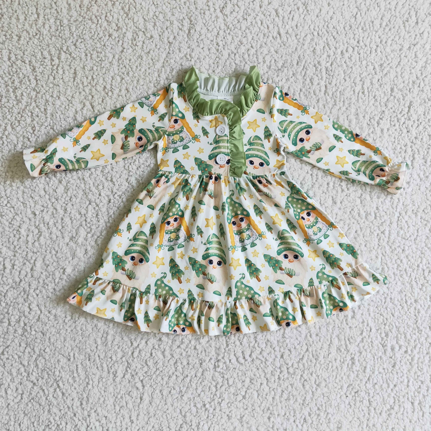 GLD0130 Cartoon Tomt* Tree Green Print Girls Christmas Knee Length Gown Dress