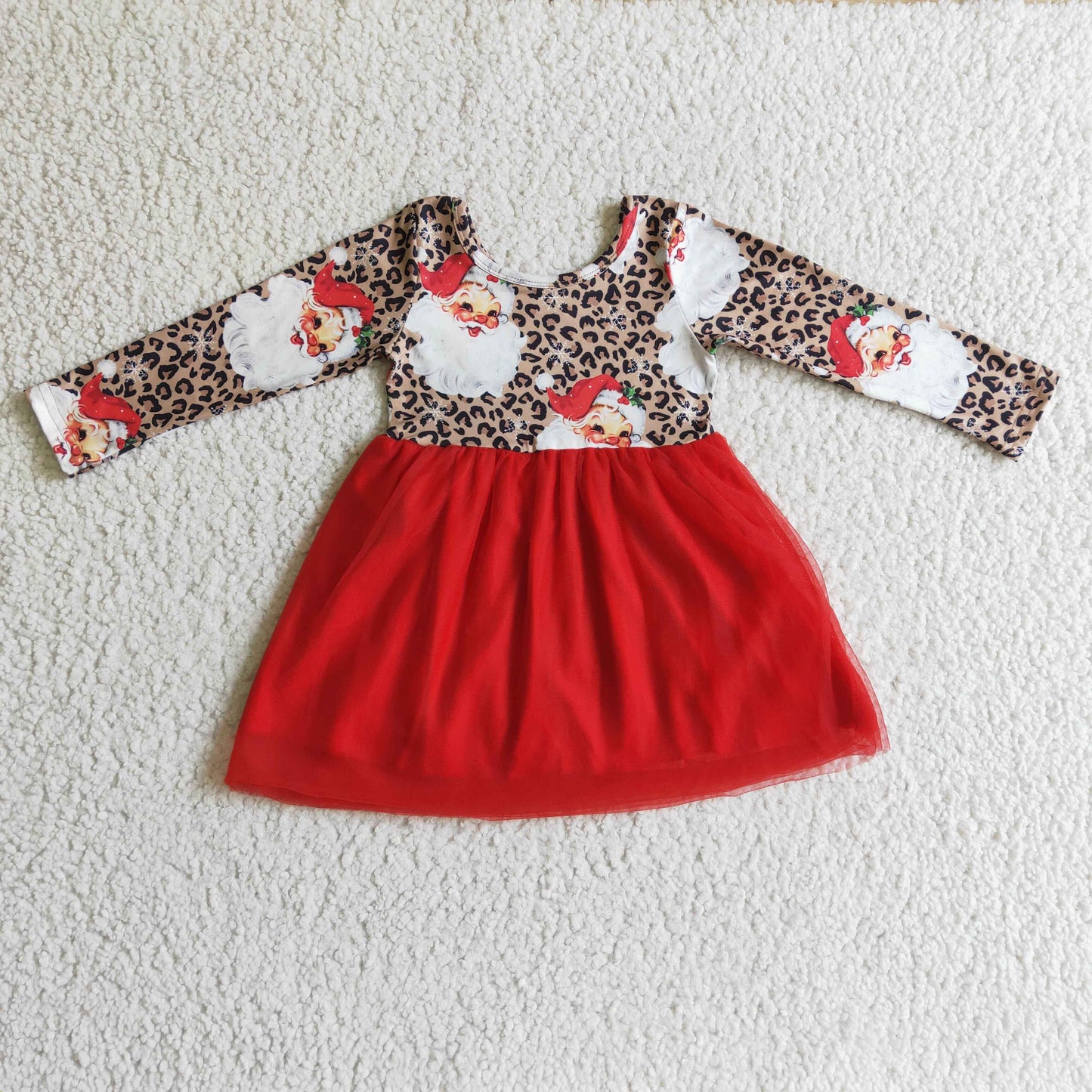 GLD0132 Santa Leopard Print Girls Christmas Knee Length Tulle Dress