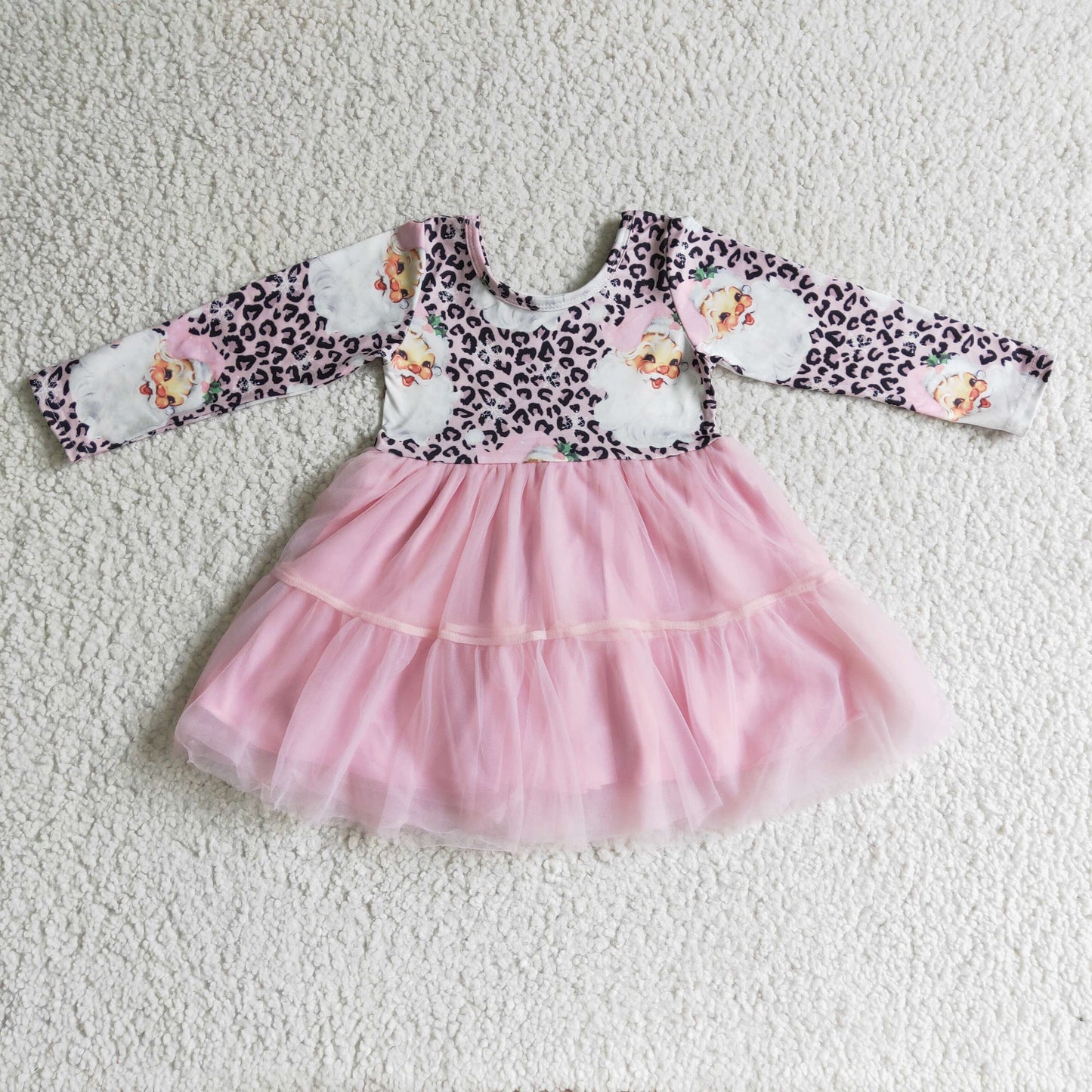 GLD0134 Santa Leopard Print Girls Christmas Knee Length Tulle Dress