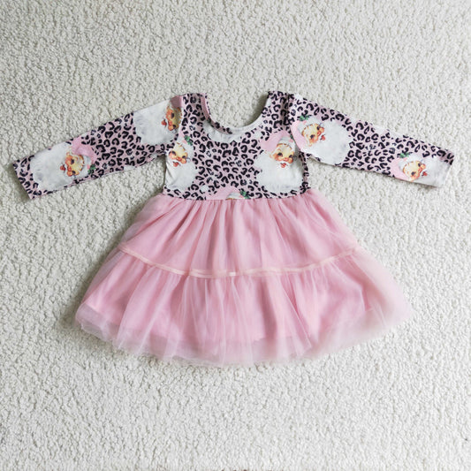 GLD0134 Santa Leopard Print Girls Christmas Knee Length Tulle Dress