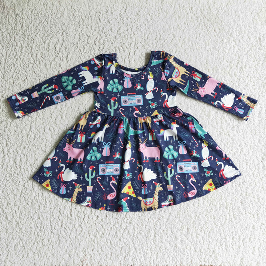 GLD0135 Dino Animals Holly Print Girls Christmas Knee Length Dress