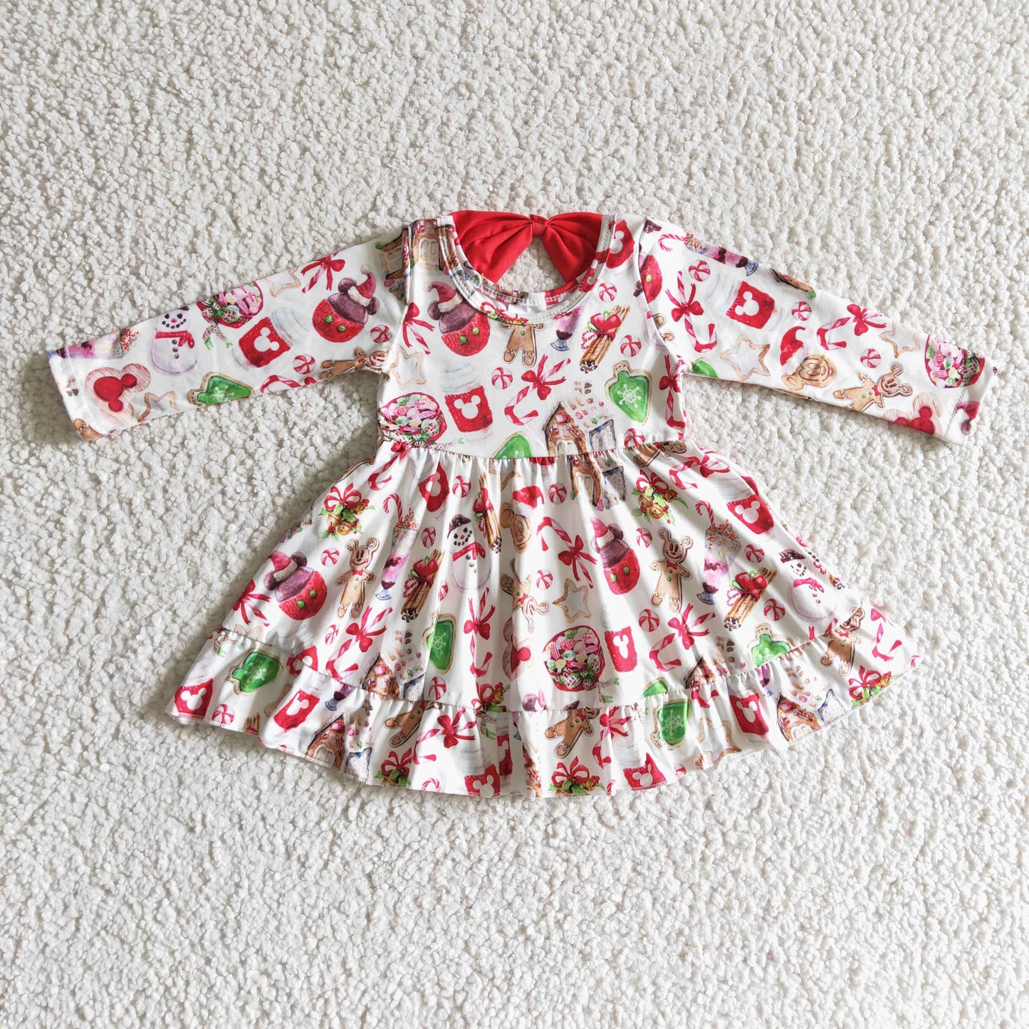 GLD0140 Gingerbread Candy Cane Print Girls Christmas Knee Length Dress
