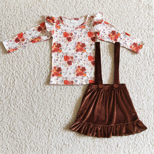 GLD0141 Orange Flowers Long Sleeve Top Brown Velvet Suspenders Skirts Girls Clothes Set