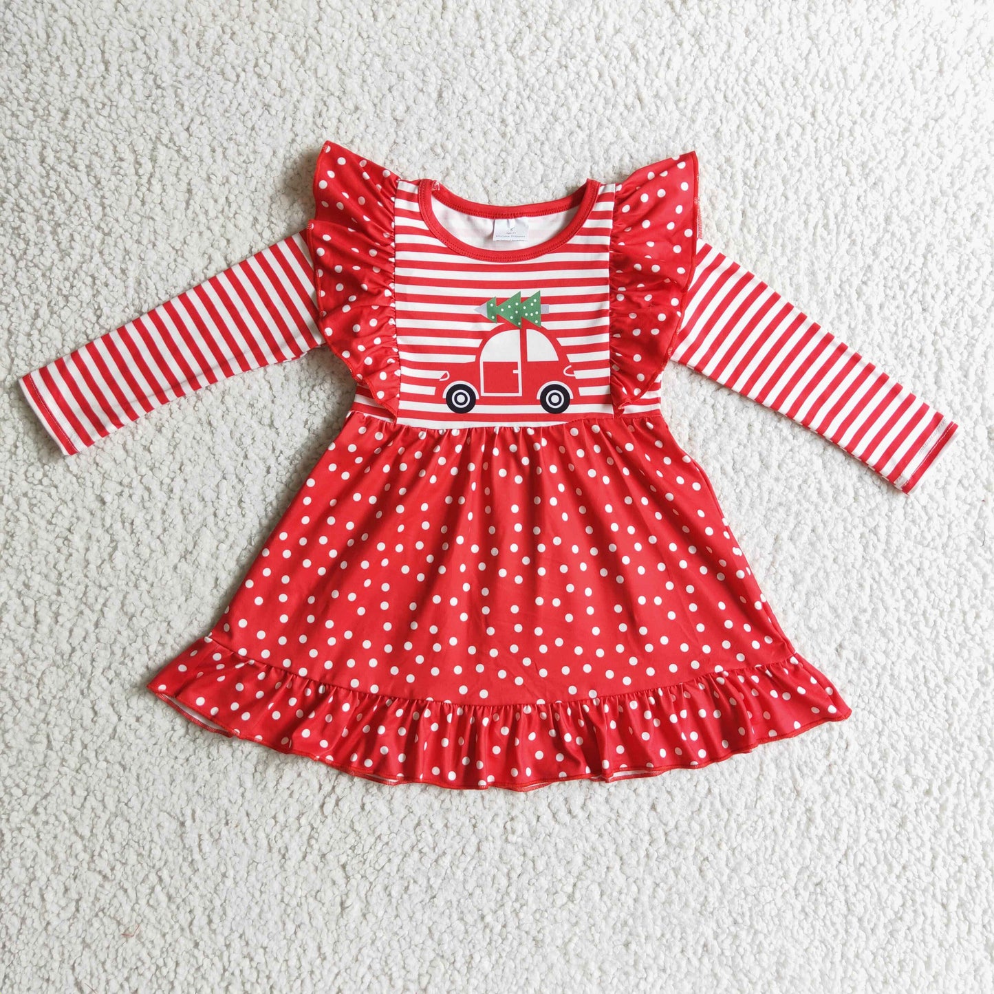GLD0145 Truck Tree Red Stripes Dots Print Girls Christmas Knee Length Dress