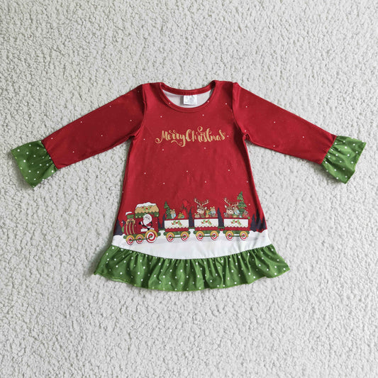 GLD0147 Santa Train Print Girls Christmas Knee Length Dress