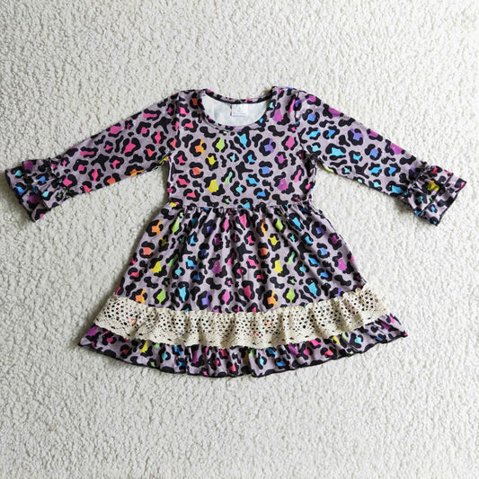 GLD0148 Colorful Leopard Print Girls Ruffles Knee Length Dress