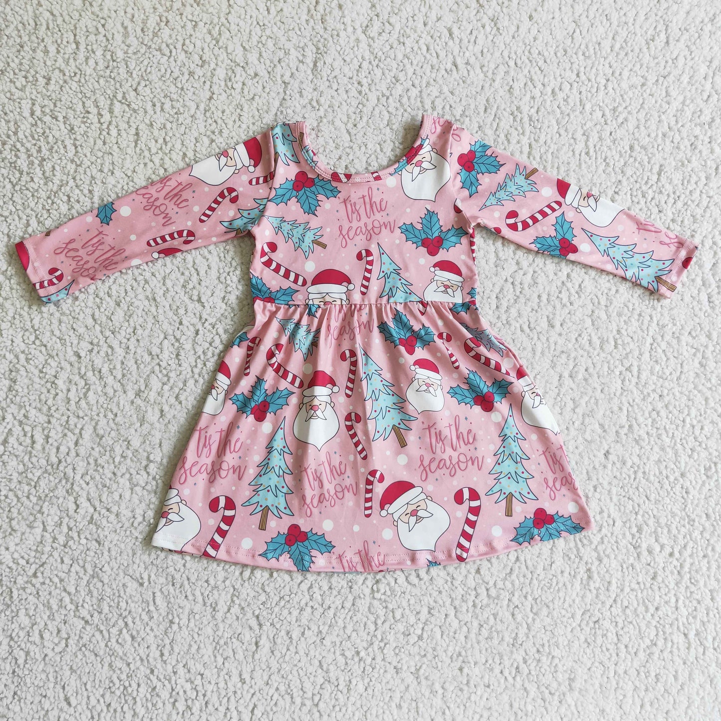 GLD0149 Santa Tree Holly Candy Pink Girls Christmas Knee Length Dress