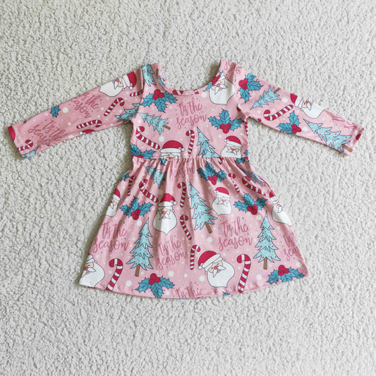 GLD0149 Santa Tree Holly Candy Pink Girls Christmas Knee Length Dress