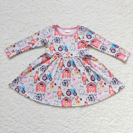 GLD0151 Farm Animals Print Girls Long Sleeve Knee Length Dress