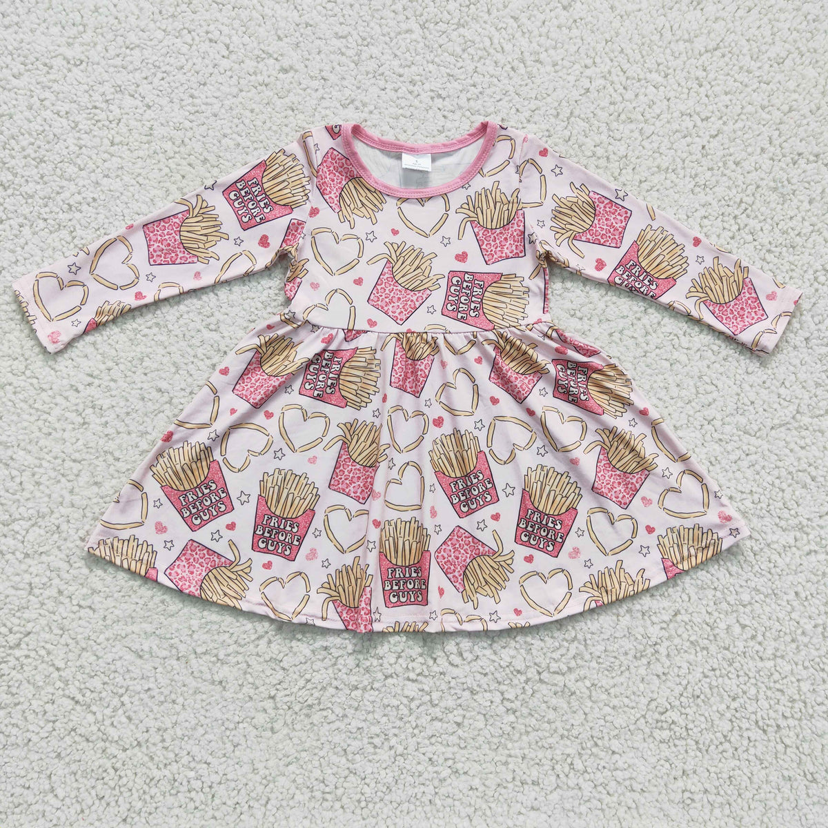GLD0159 Fries Hearts Pink Print Girls Valentine's Day Knee Length Dress
