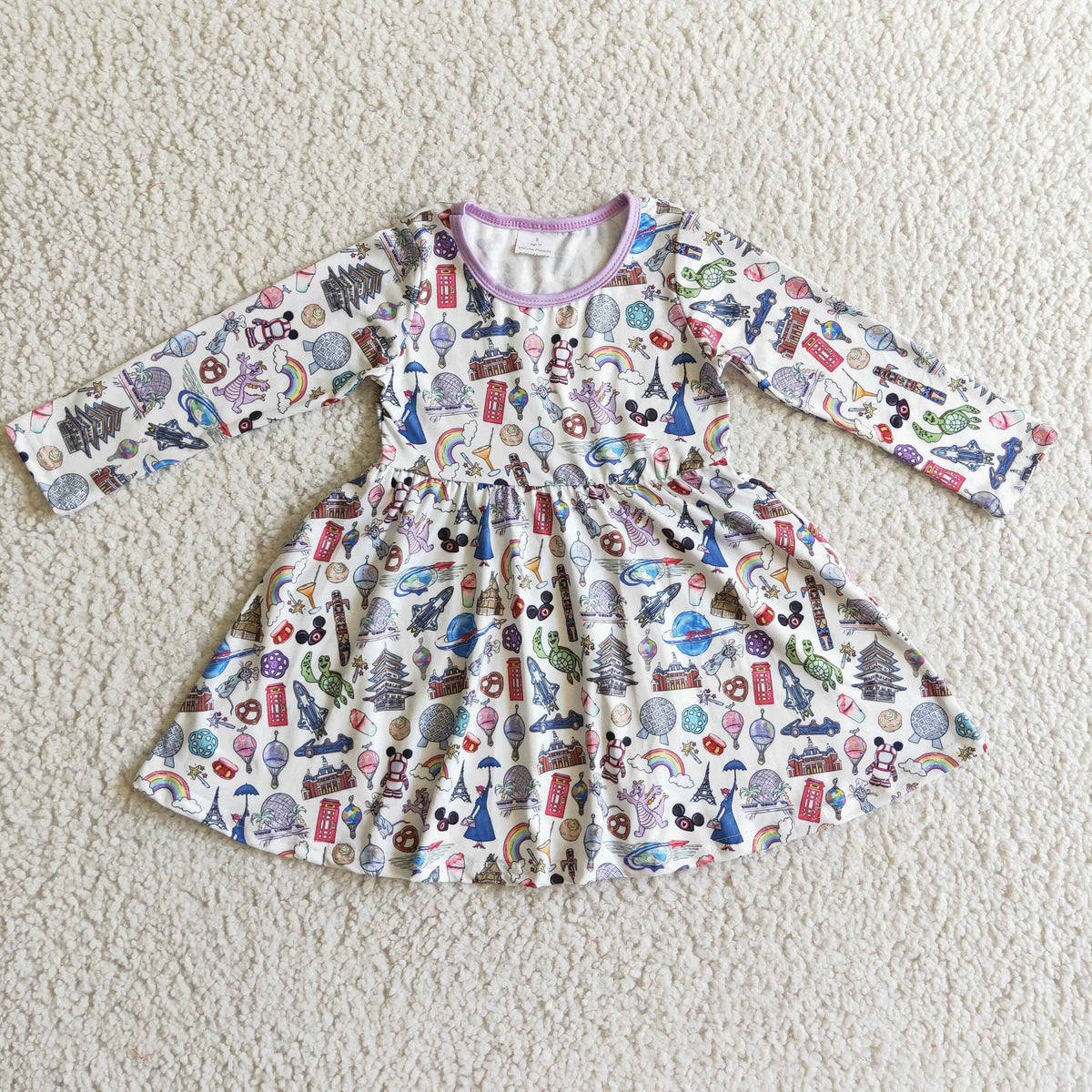 GLD0160 Cartoon Mouse Rainbow Print Girls Long Sleeve Knee Length Dress