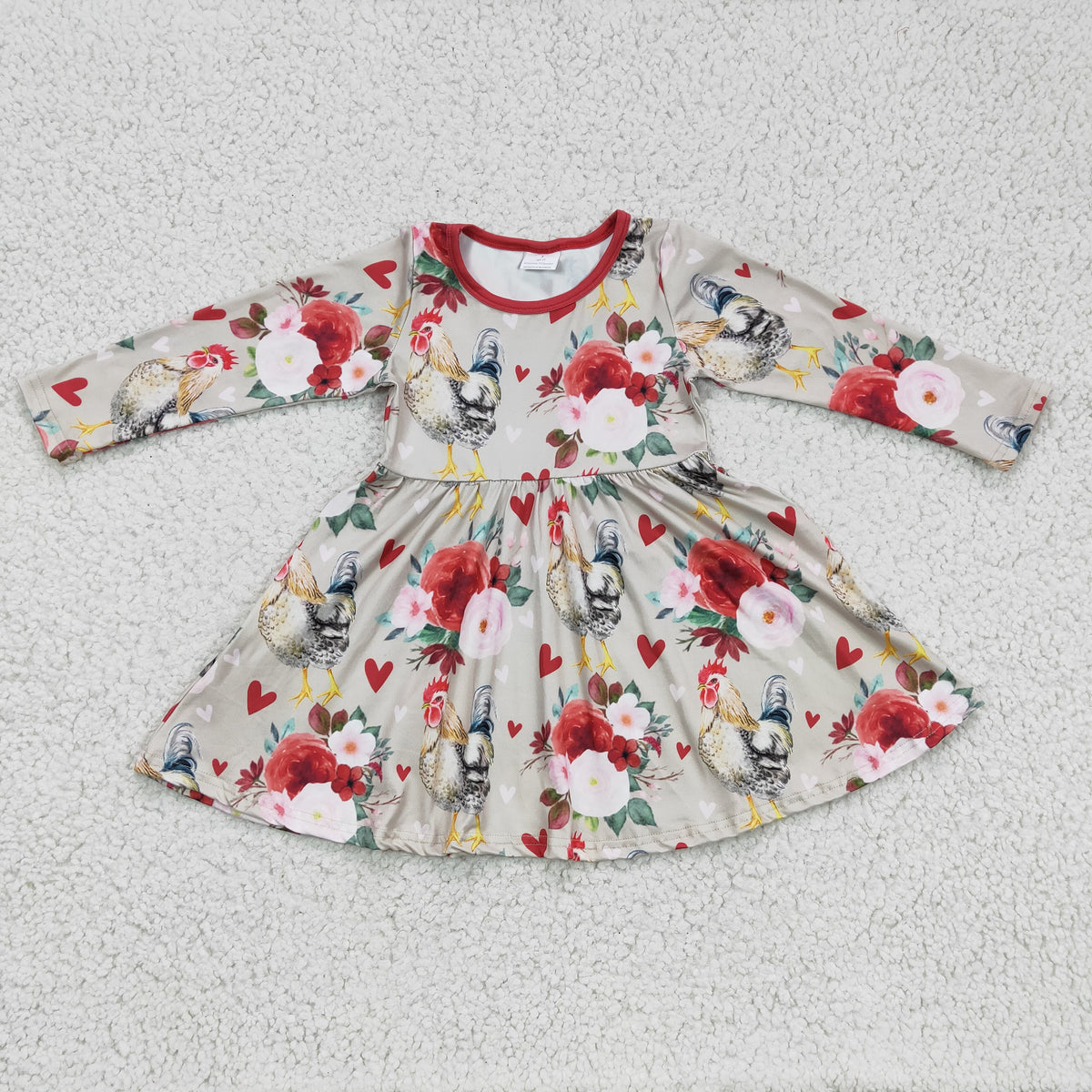 GLD0163 Chicken Flowers Hearts Print Girls Valentine's Day Knee Length Dress