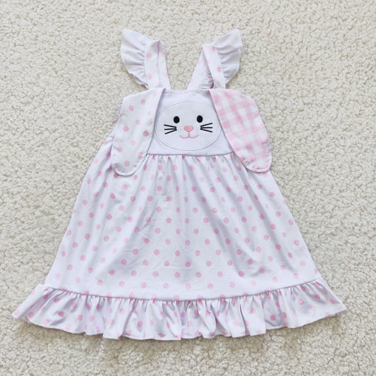 GLD0173 Bunny Smiling Embroidery Pink Dots Print Girls Strap Easter Ruffle Dres