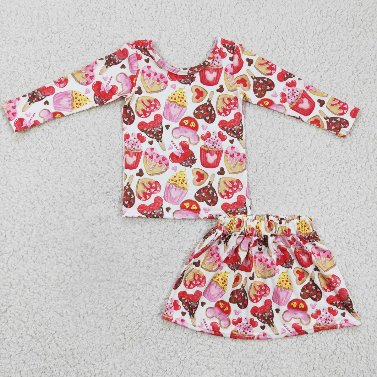 GLD0176 Cartoon Mouse Cake Hearts Print Long Sleeve Top Skirts Girls Valentine's Day Clothes Set