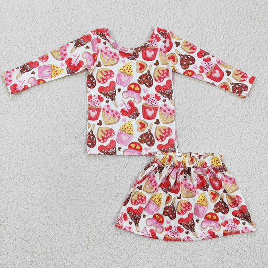 GLD0176 Cartoon Mouse Cake Hearts Print Long Sleeve Top Skirts Girls Valentine's Day Clothes Set