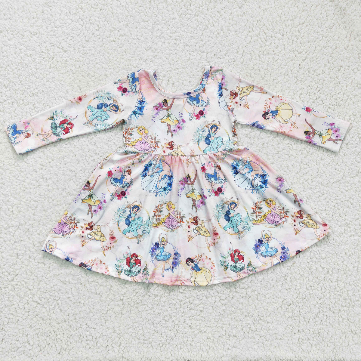 GLD0177 Cartoon Princess Flowers Print Girls Long Sleeve Knee Length Dress
