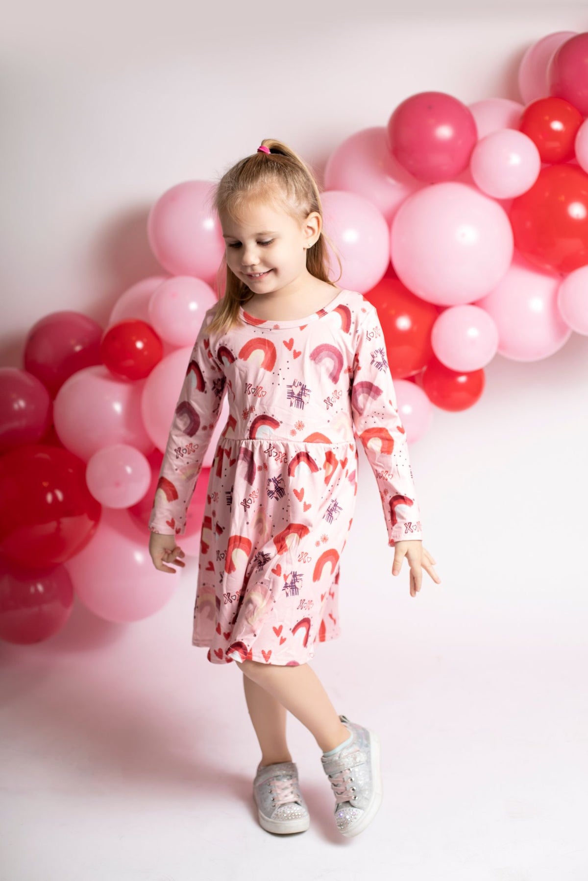 GLD0178 Hearts XOXO Rainbow Print Girls Valentine's Day Knee Length Dress