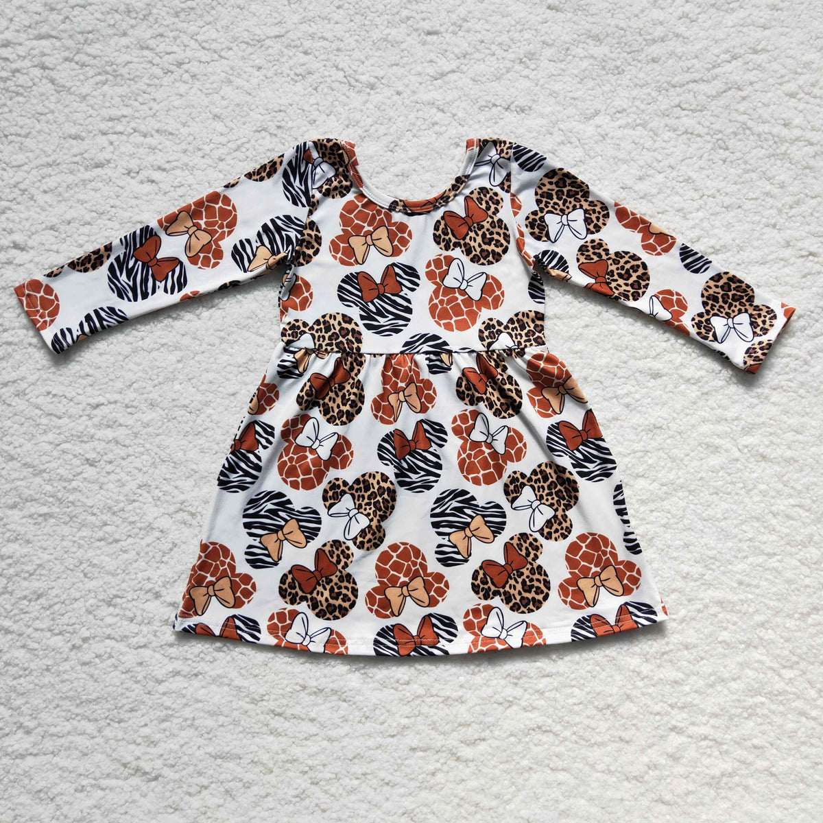 GLD0181 Leopard Cartoon Mouse Print Girls Long Sleeve Knee Length Dress