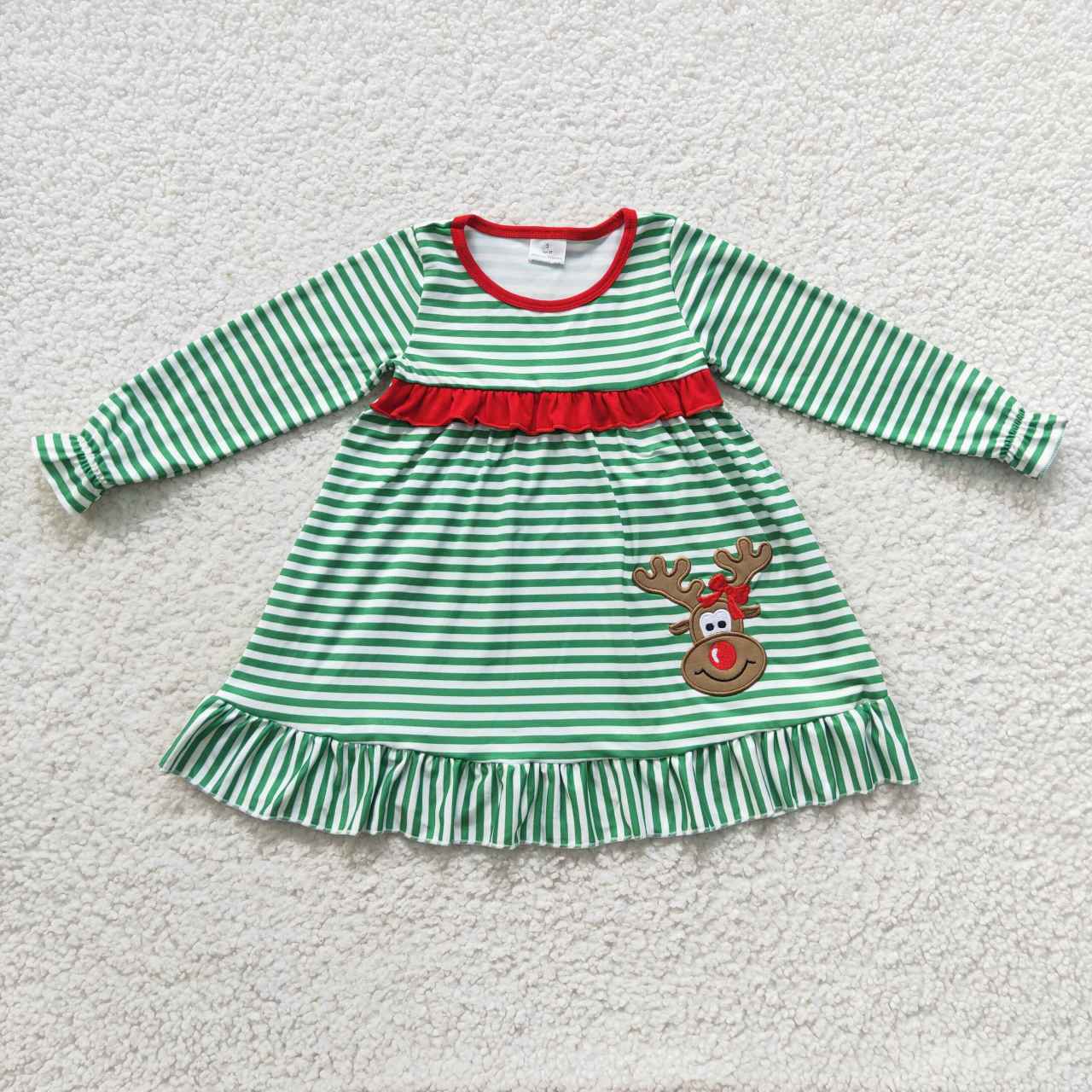 GLD0207 Deer Embroidery Green Stripes Print Girls Christmas Ruffle Knee Length Dress