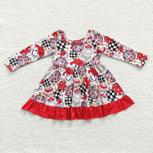 GLD0209 HOHOHOWDY Cowboy Santa Smiling Stars Print Girls Christmas Knee Length Dress