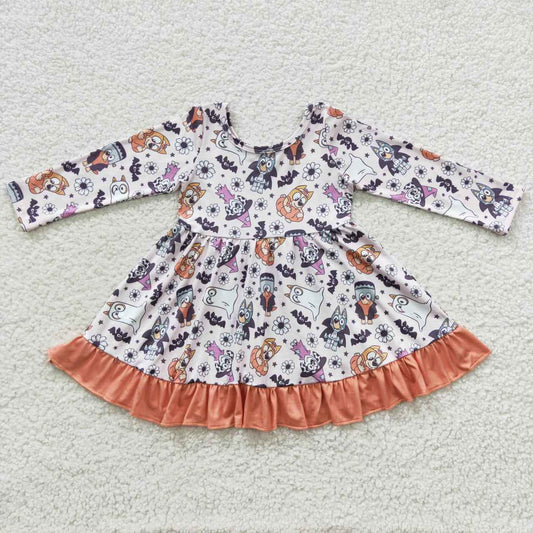 GLD0216 Cartoon Dog Flowers Bat Print Girls Halloween Knee Length Dress