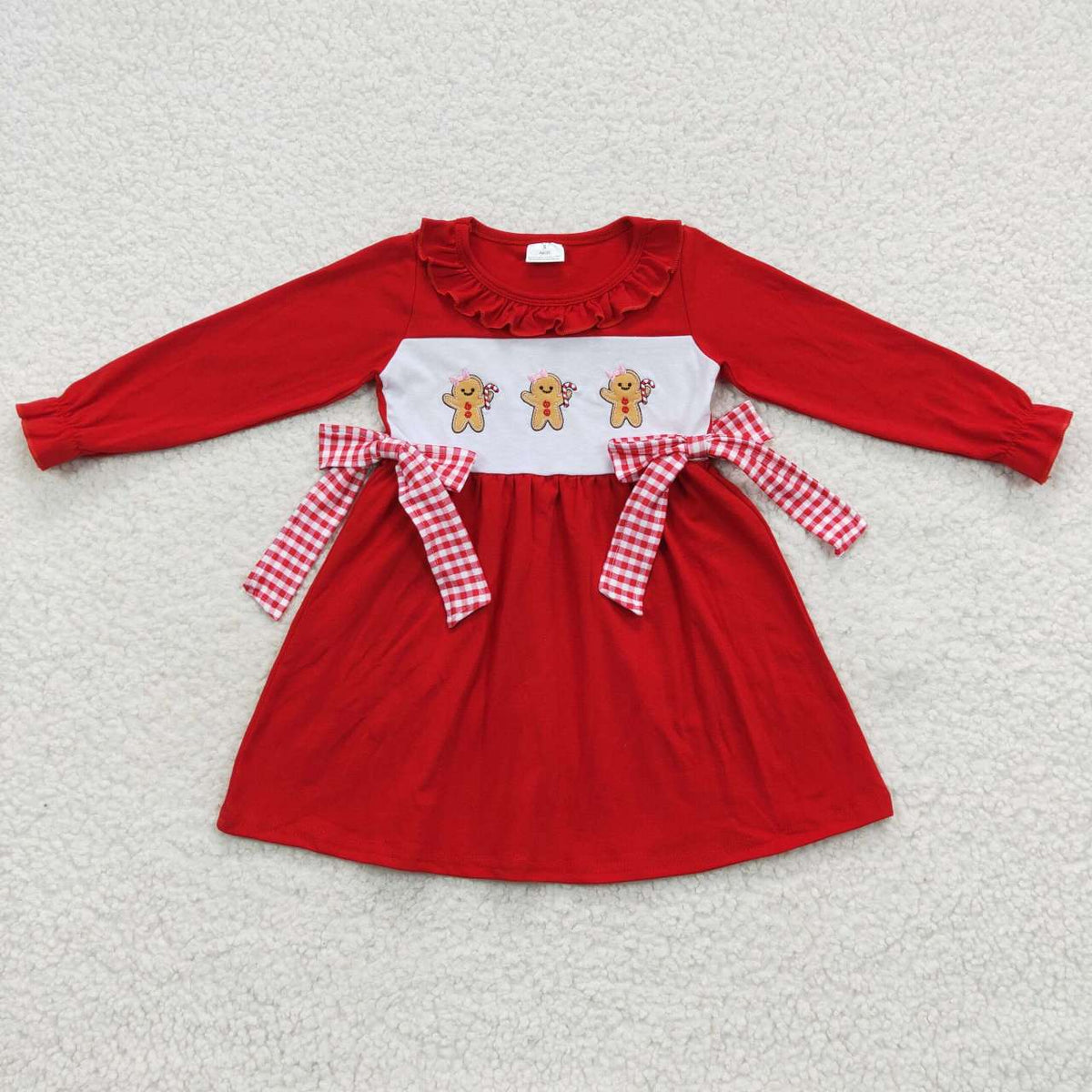 GLD0218 Gingerbread Embroidery Red Girls Christmas Knee Length Dress