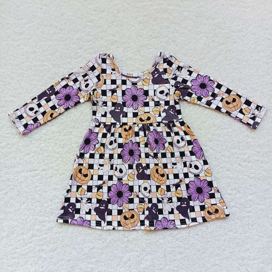 GLD0233 Nightmar* Pumpkin Flowers Plaid Print Girls Halloween Knee Length Dress
