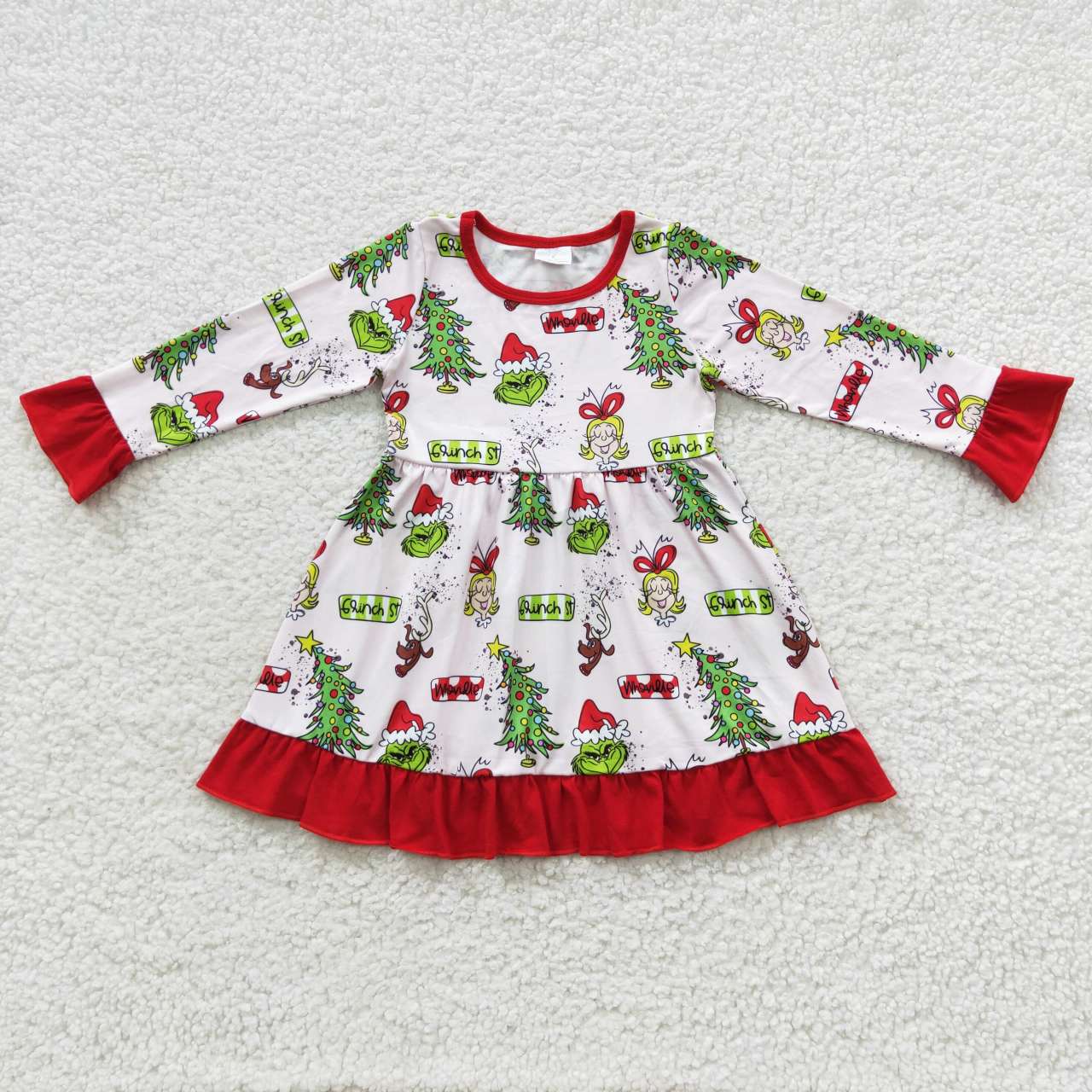 GLD0235 Green Frog Tree Print Girls Christmas Knee Length Dress