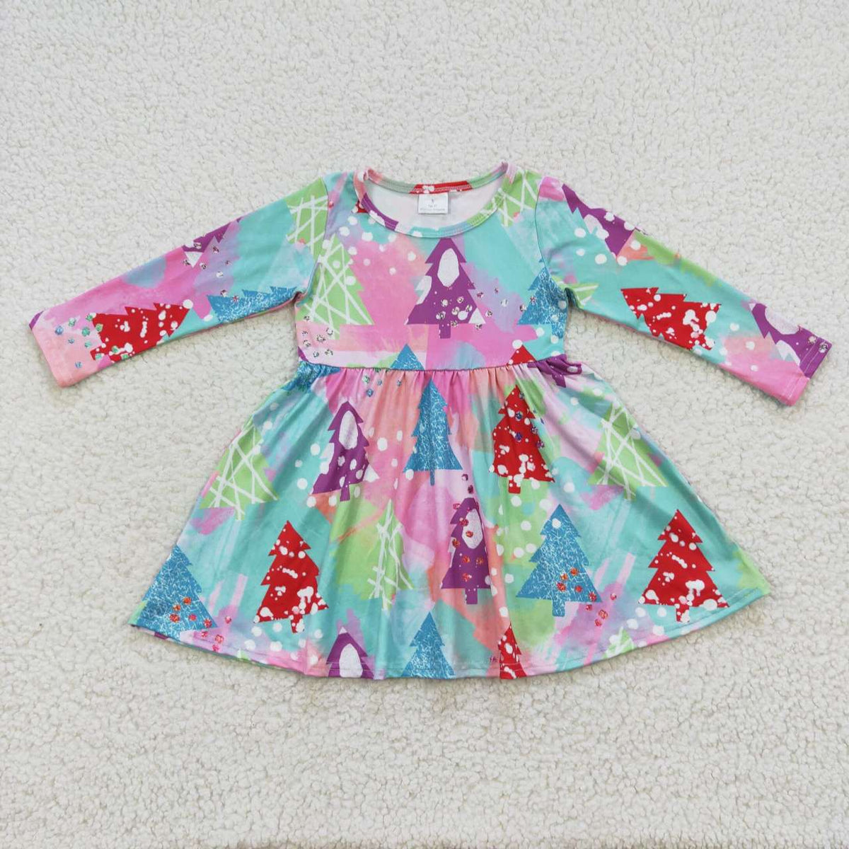 GLD0241 Colorful Tree Print Girls Christmas Knee Length Dress