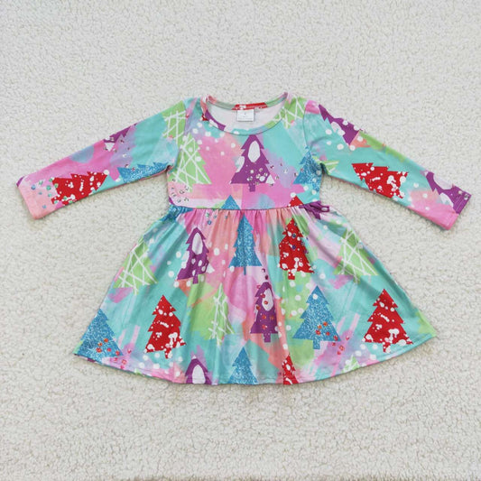GLD0241 Colorful Tree Print Girls Christmas Knee Length Dress